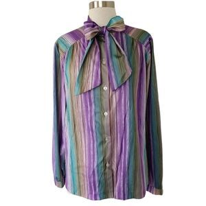 Vintage 70s Striped Colorful Bow Geek Blouse Career Button Down Women Size M L